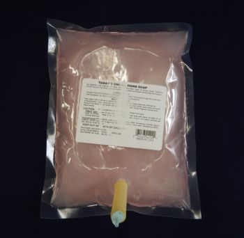 clear packet, pink liquid, tube dispenser connection